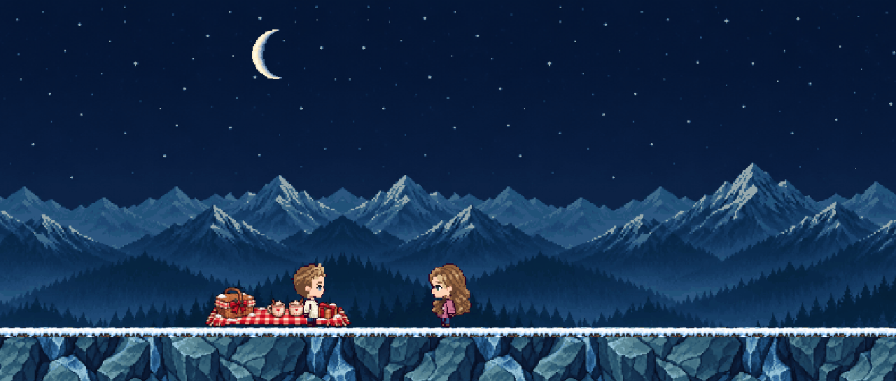 Two personalized pixel characters share a picnic in a snowy Christmas world