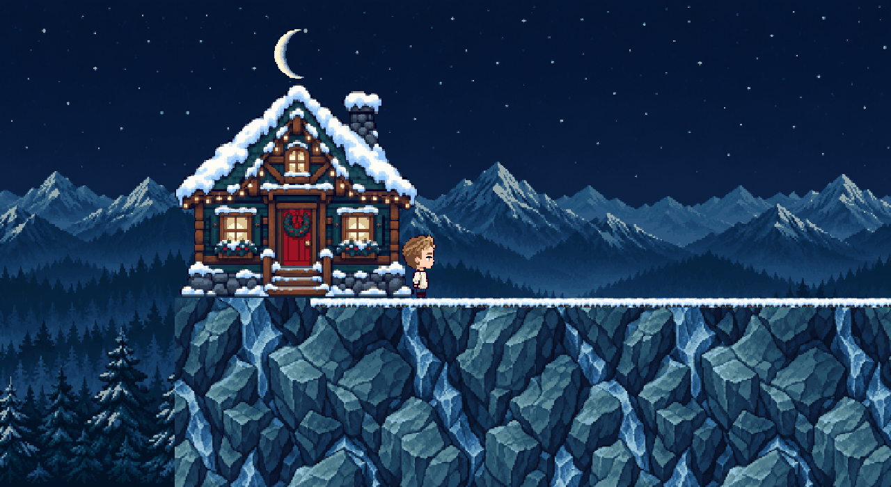 The two characters together in their Christmas cabin